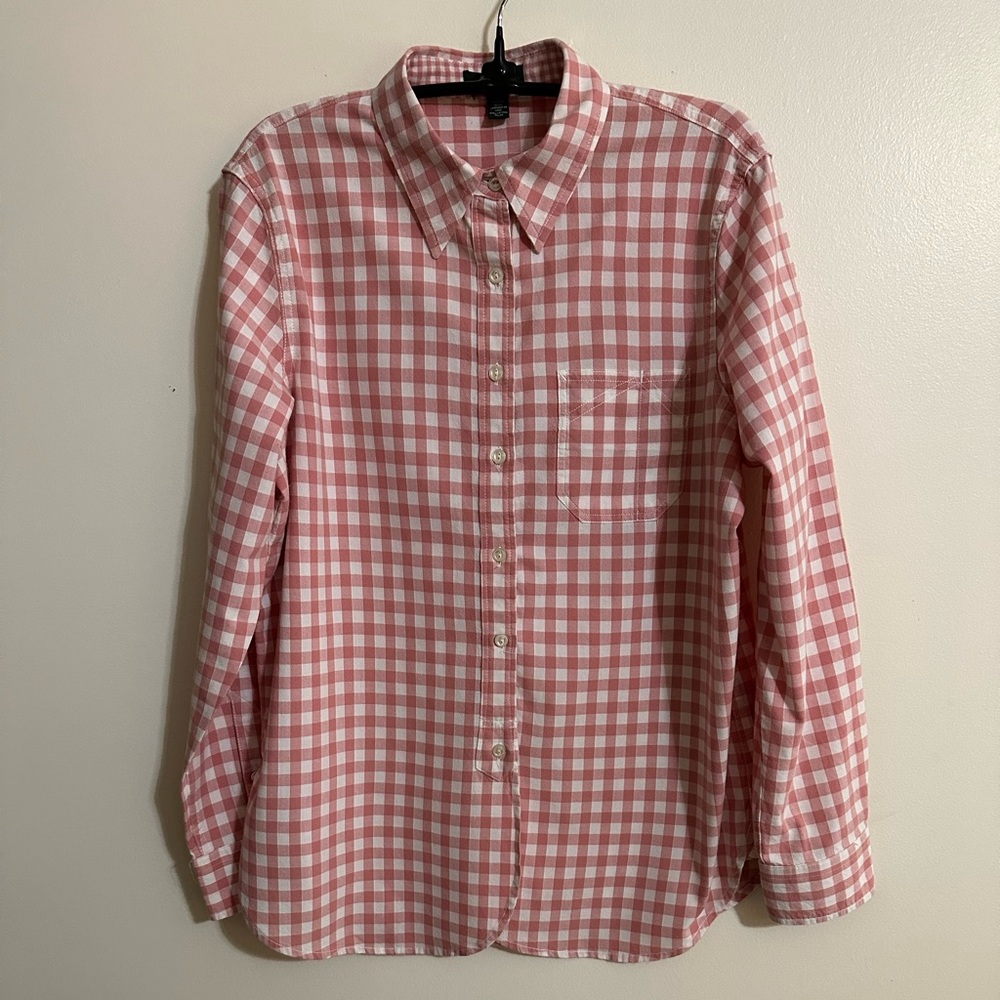 LRL Lauren Jeans Co. Light Coral/White Check Cotton Button Front Top, Size L